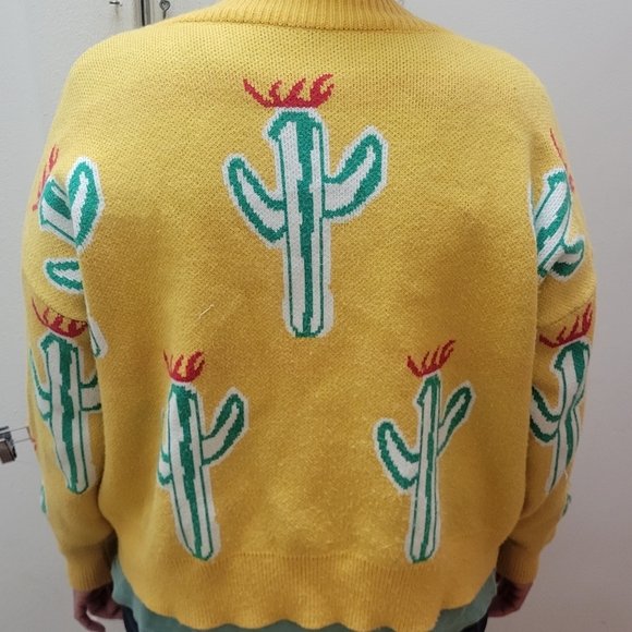 Cactus Cardigan in Bright Yellow & Green. Southwestern Cowboy Grandpa Sweater - Picture 7 of 7